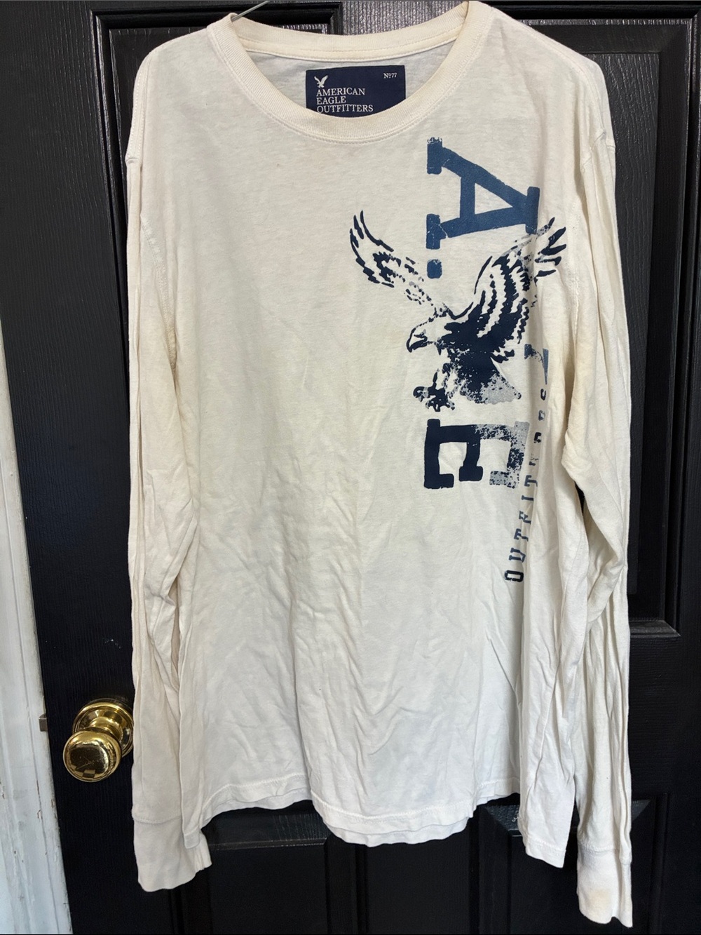 American Eagle Outfitters Cream Long-Sleeve Tee with Navy Graphic